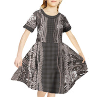 Hawaiian Art Flower Tribal with Lei Kid Short Sleeve Dress Palaka Pattern Grayscale - Polynesian Pride