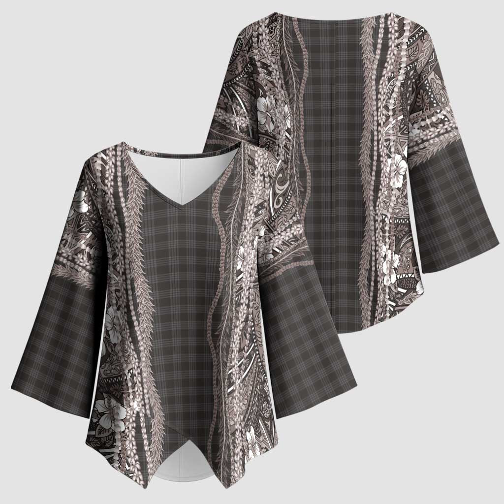 Hawaiian Art Flower Tribal with Lei Kimono Sleeve Blouse Palaka Pattern Grayscale - Polynesian Pride