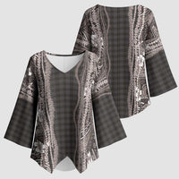 Hawaiian Art Flower Tribal with Lei Kimono Sleeve Blouse Palaka Pattern Grayscale - Polynesian Pride