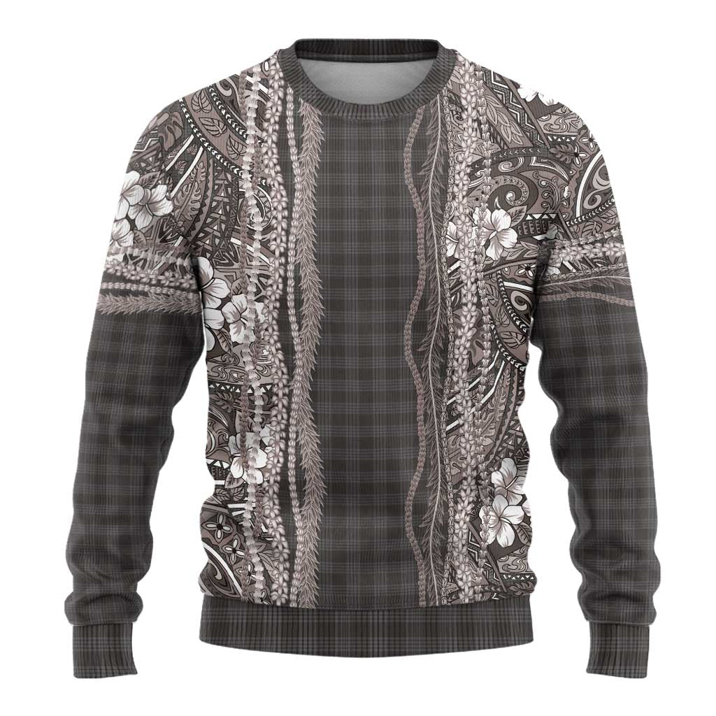 Hawaiian Art Flower Tribal with Lei Ugly Christmas Sweater Palaka Pattern Grayscale - Polynesian Pride