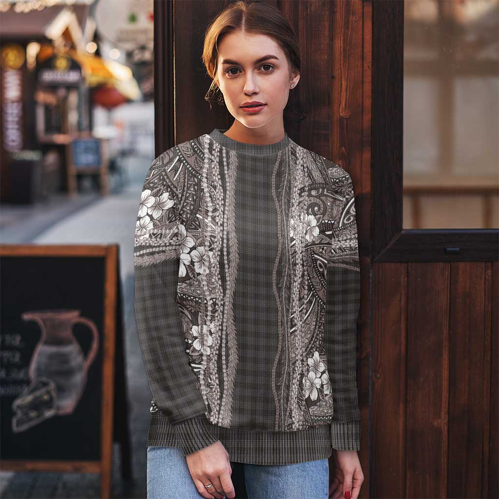 Hawaiian Art Flower Tribal with Lei Ugly Christmas Sweater Palaka Pattern Grayscale - Polynesian Pride
