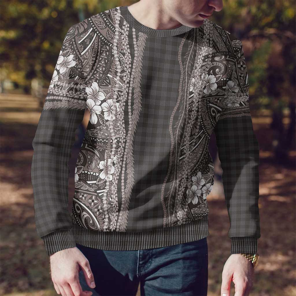 Hawaiian Art Flower Tribal with Lei Ugly Christmas Sweater Palaka Pattern Grayscale - Polynesian Pride