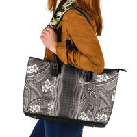 Hawaiian Art Flower Tribal with Lei Leather Tote Bag Palaka Pattern Grayscale - Polynesian Pride