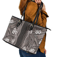 Hawaiian Art Flower Tribal with Lei Leather Tote Bag Palaka Pattern Grayscale - Polynesian Pride