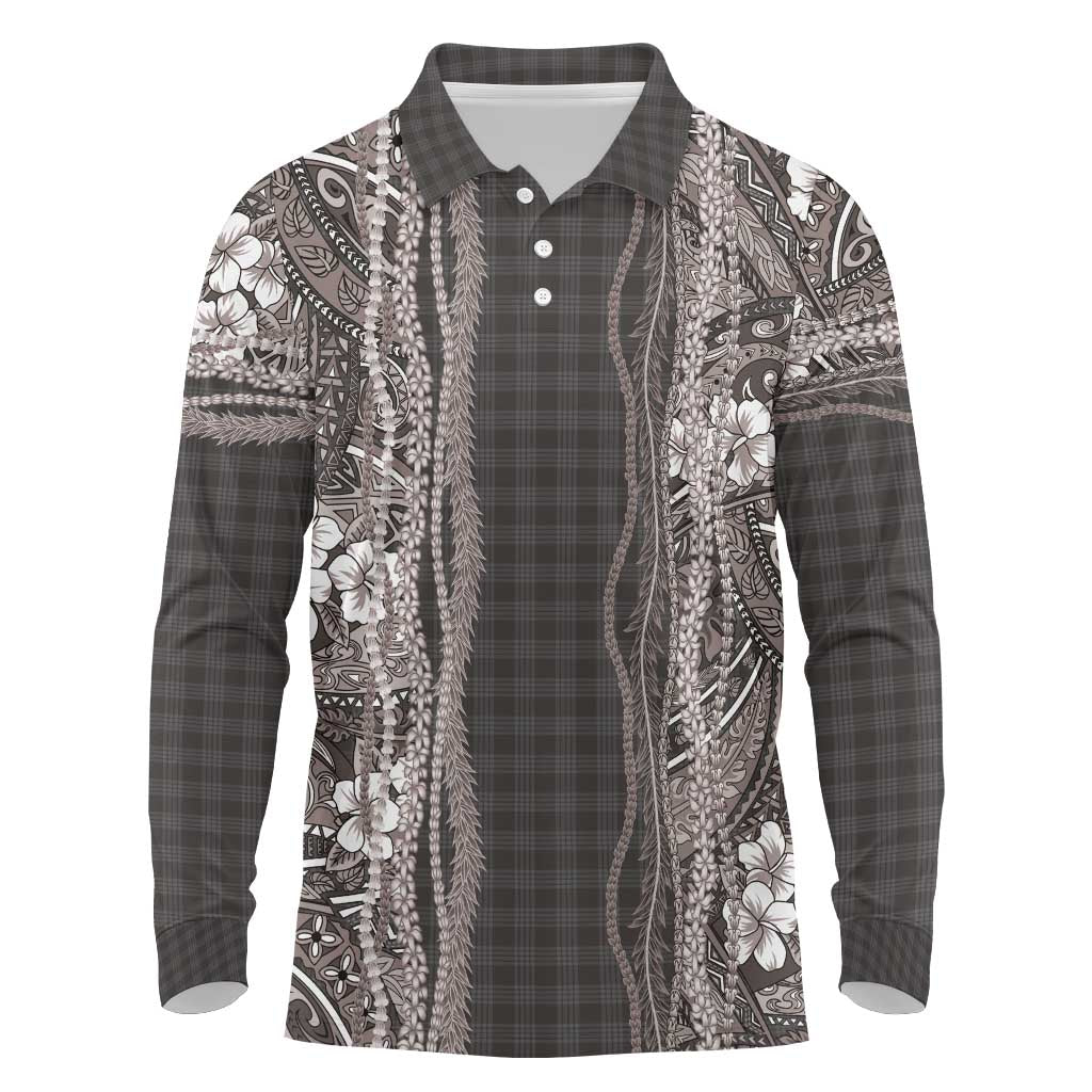 Hawaiian Art Flower Tribal with Lei Long Sleeve Polo Shirt Palaka Pattern Grayscale - Polynesian Pride