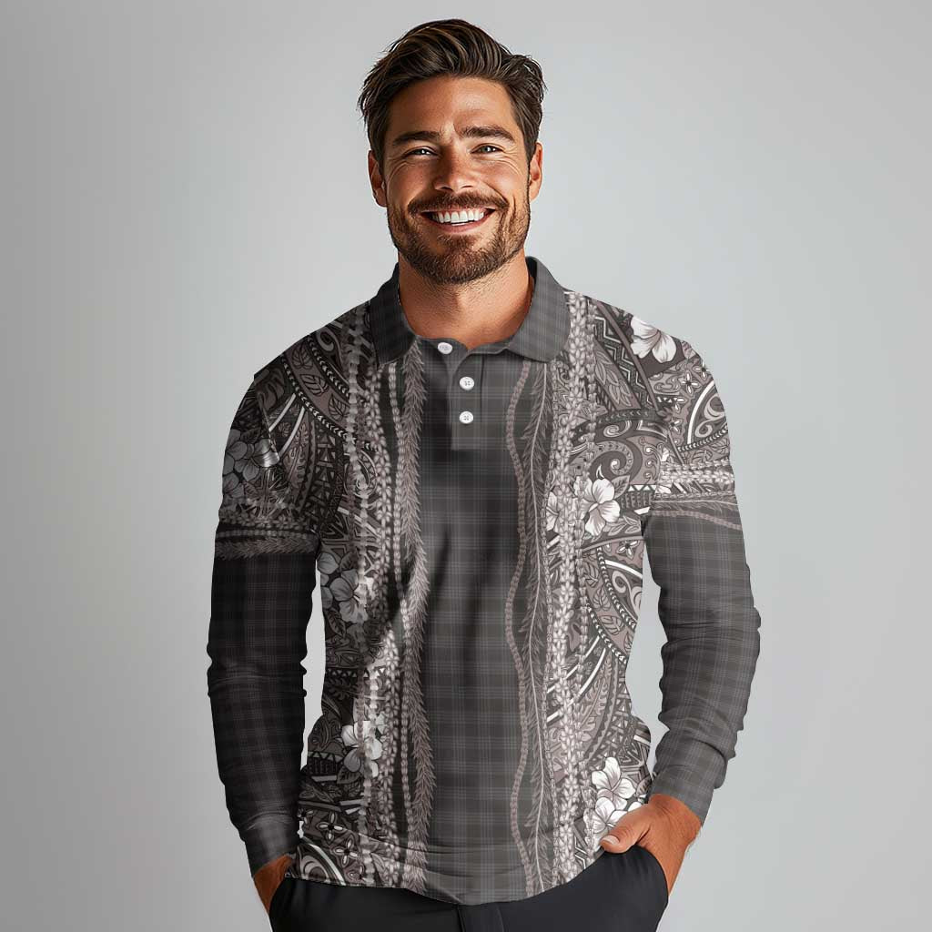 Hawaiian Art Flower Tribal with Lei Long Sleeve Polo Shirt Palaka Pattern Grayscale - Polynesian Pride
