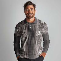 Hawaiian Art Flower Tribal with Lei Long Sleeve Polo Shirt Palaka Pattern Grayscale - Polynesian Pride