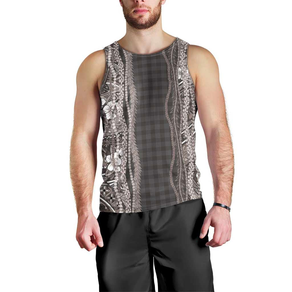 Hawaiian Art Flower Tribal with Lei Men Tank Top Palaka Pattern Grayscale - Polynesian Pride