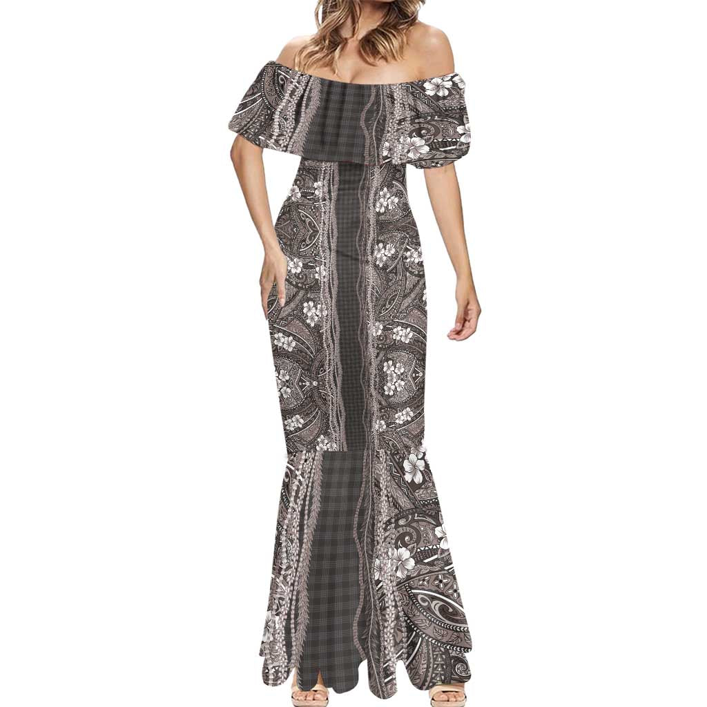 Hawaiian Art Flower Tribal with Lei Mermaid Dress Palaka Pattern Grayscale - Polynesian Pride