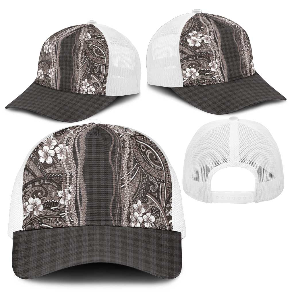 Hawaiian Art Flower Tribal with Lei Mesh Trucker Cap Palaka Pattern Grayscale - Polynesian Pride