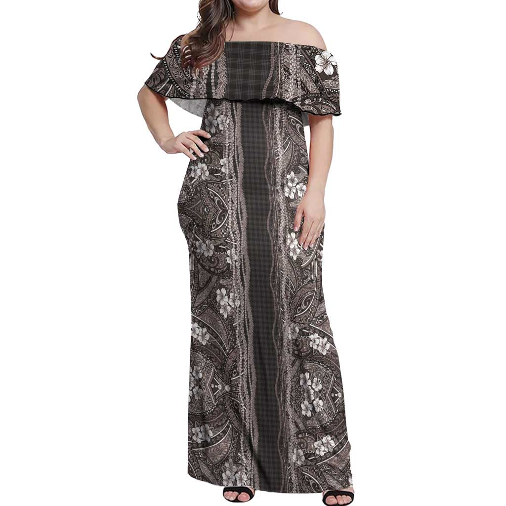 Hawaiian Art Flower Tribal with Lei Off Shoulder Maxi Dress Palaka Pattern Grayscale - Polynesian Pride