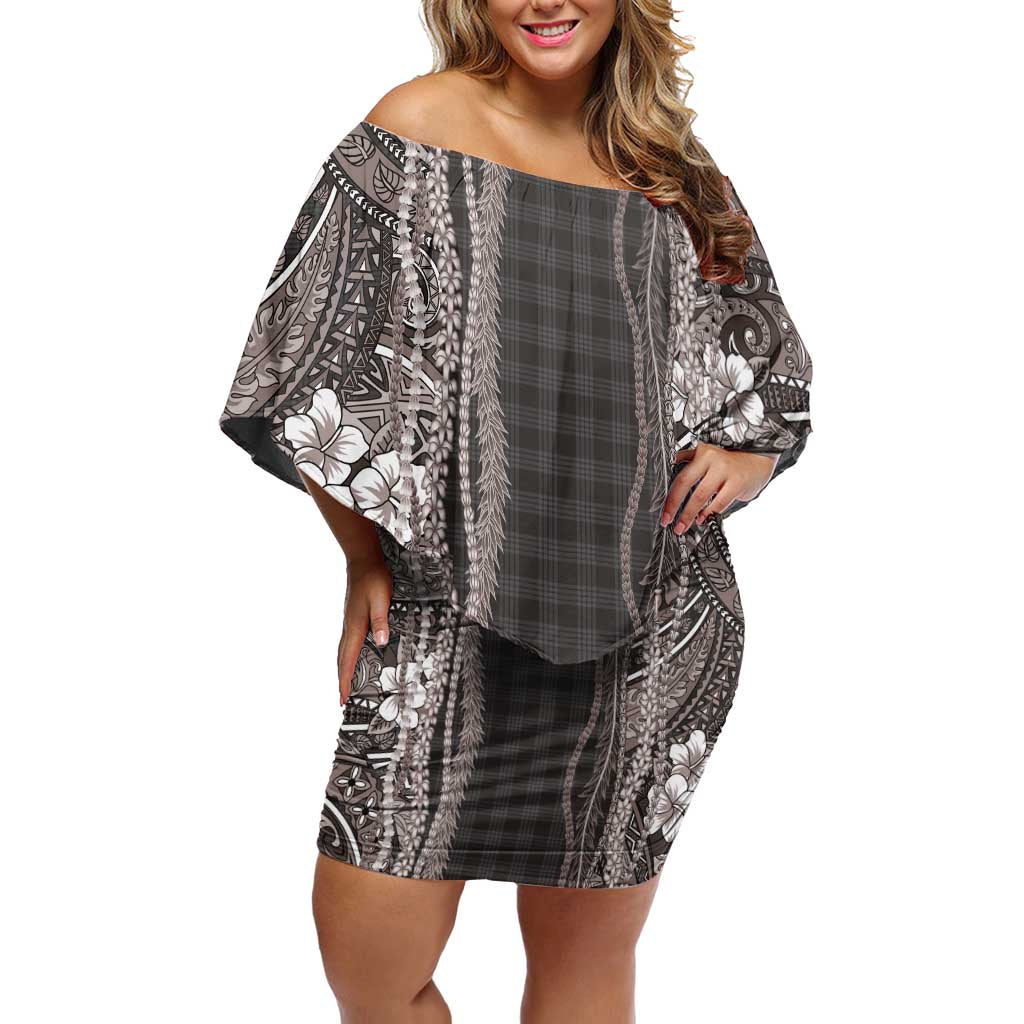 Hawaiian Art Flower Tribal with Lei Off Shoulder Short Dress Palaka Pattern Grayscale - Polynesian Pride