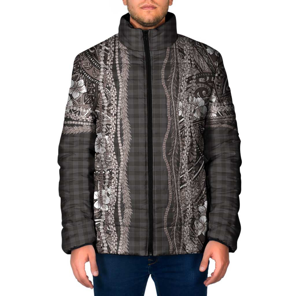 Hawaiian Art Flower Tribal with Lei Padded Jacket Palaka Pattern Grayscale - Polynesian Pride