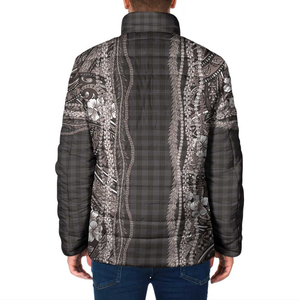 Hawaiian Art Flower Tribal with Lei Padded Jacket Palaka Pattern Grayscale - Polynesian Pride