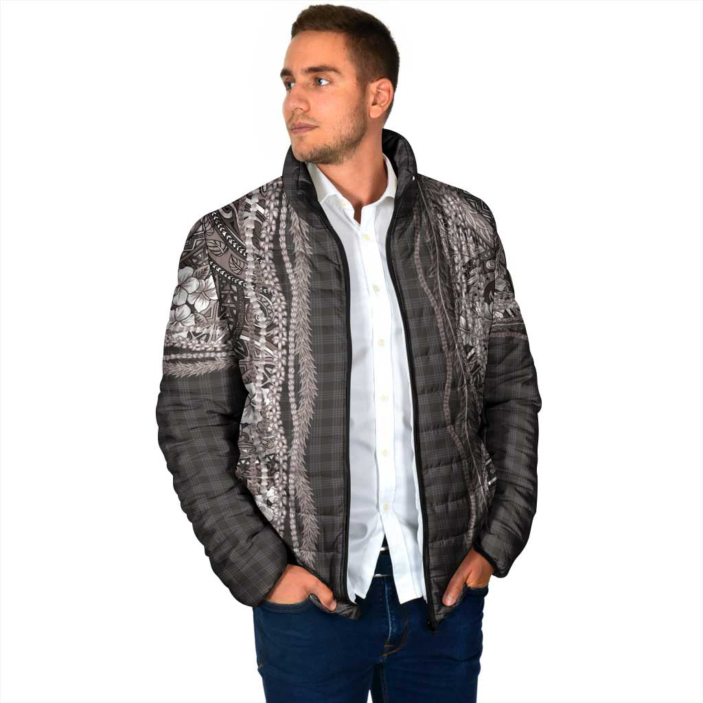 Hawaiian Art Flower Tribal with Lei Padded Jacket Palaka Pattern Grayscale - Polynesian Pride