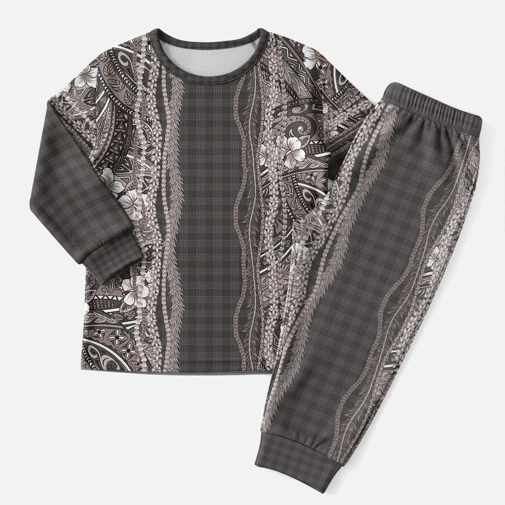 Hawaiian Art Flower Tribal with Lei Christmas Pajama Set Palaka Pattern Grayscale - Polynesian Pride