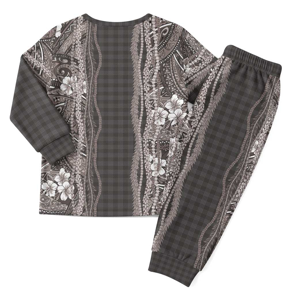 Hawaiian Art Flower Tribal with Lei Christmas Pajama Set Palaka Pattern Grayscale - Polynesian Pride
