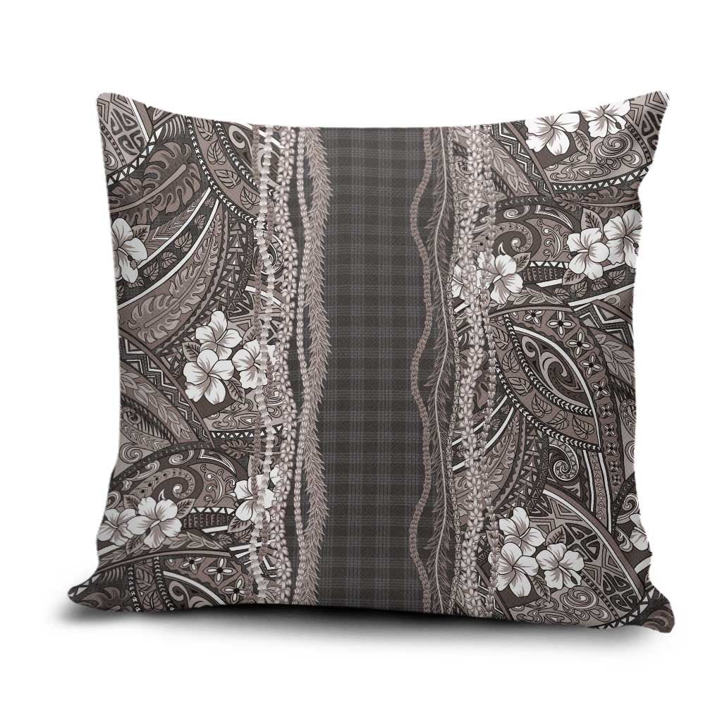 Hawaiian Art Flower Tribal with Lei Pillow Cover Palaka Pattern Grayscale - Polynesian Pride