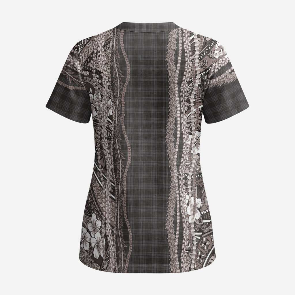 Hawaiian Art Flower Tribal with Lei Scrub Top Palaka Pattern Grayscale - Polynesian Pride
