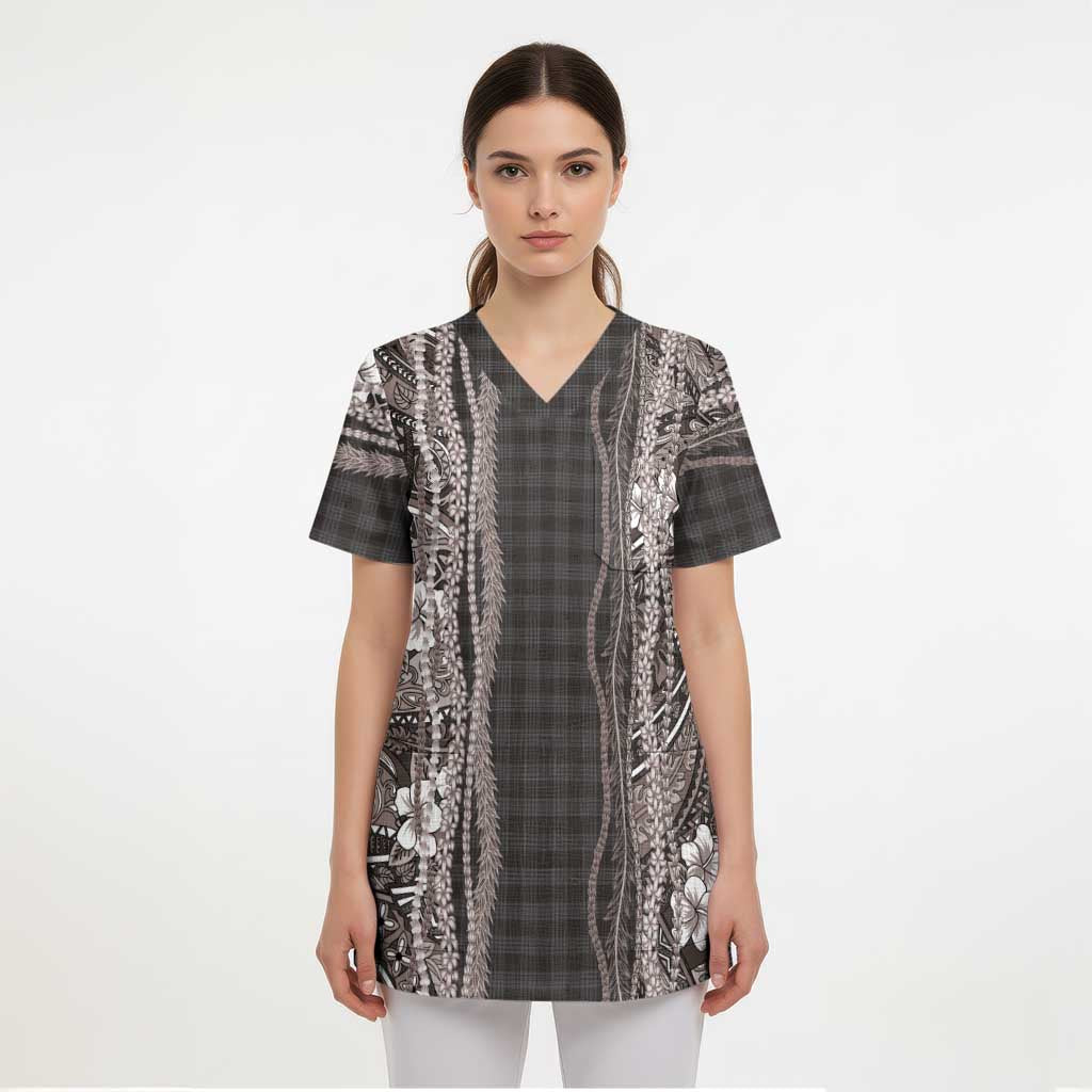 Hawaiian Art Flower Tribal with Lei Scrub Top Palaka Pattern Grayscale - Polynesian Pride