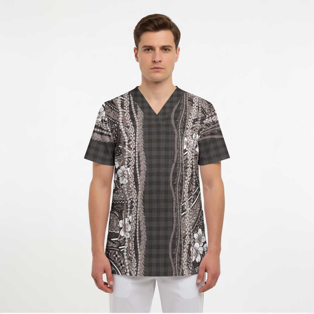 Hawaiian Art Flower Tribal with Lei Scrub Top Palaka Pattern Grayscale - Polynesian Pride