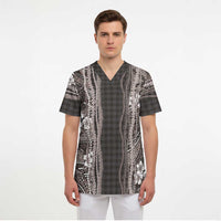 Hawaiian Art Flower Tribal with Lei Scrub Top Palaka Pattern Grayscale - Polynesian Pride