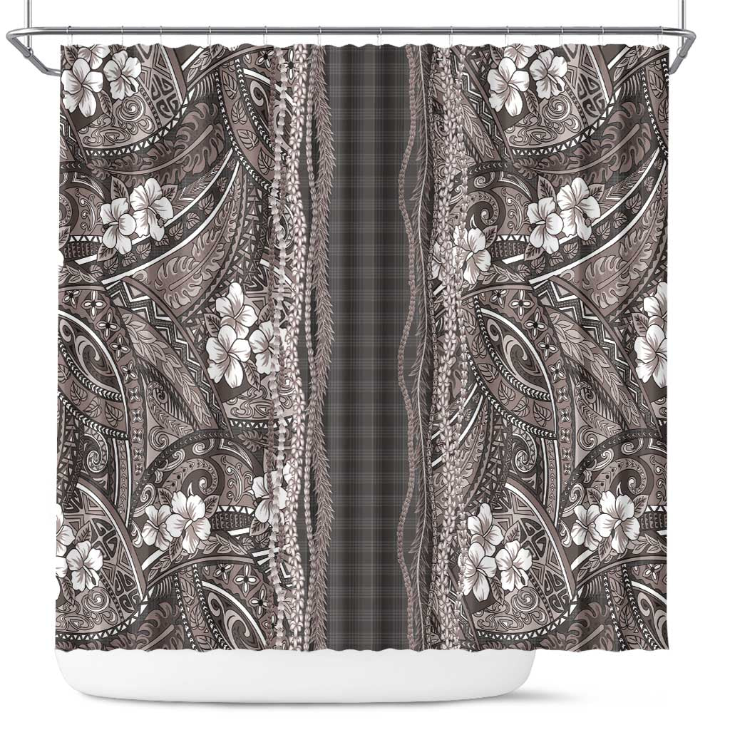 Hawaiian Art Flower Tribal with Lei Shower Curtain Palaka Pattern Grayscale - Polynesian Pride