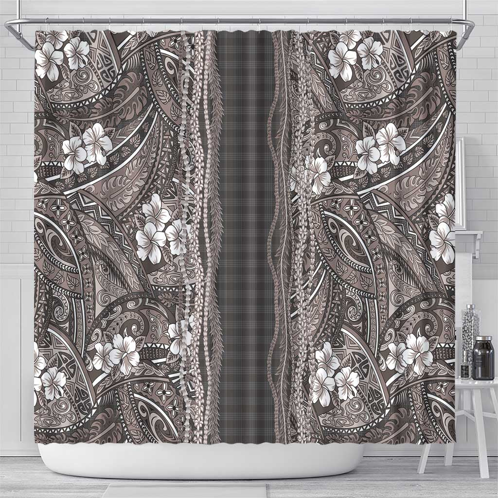 Hawaiian Art Flower Tribal with Lei Shower Curtain Palaka Pattern Grayscale - Polynesian Pride