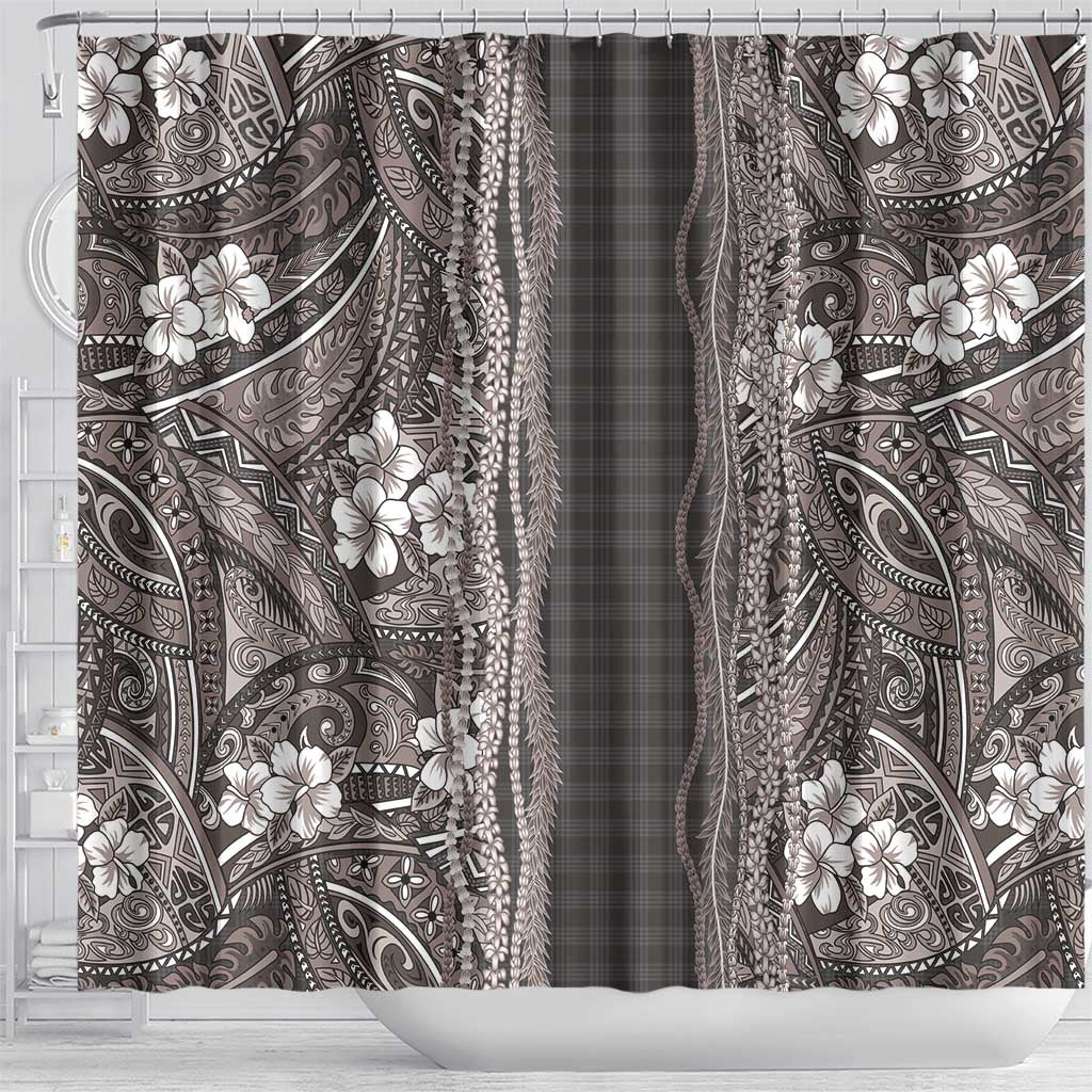 Hawaiian Art Flower Tribal with Lei Shower Curtain Palaka Pattern Grayscale - Polynesian Pride