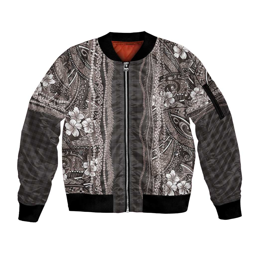 Hawaiian Art Flower Tribal with Lei Sleeve Zip Bomber Jacket Palaka Pattern Grayscale - Polynesian Pride