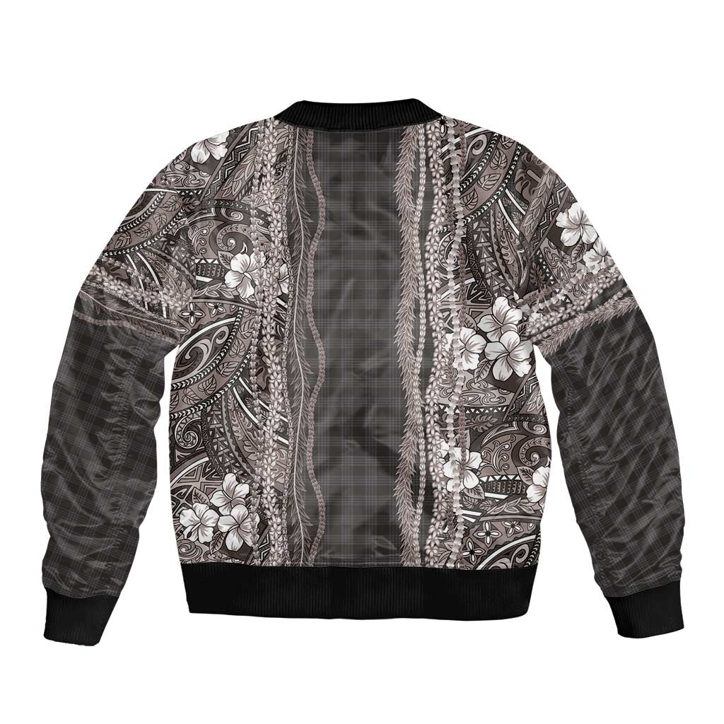 Hawaiian Art Flower Tribal with Lei Sleeve Zip Bomber Jacket Palaka Pattern Grayscale - Polynesian Pride