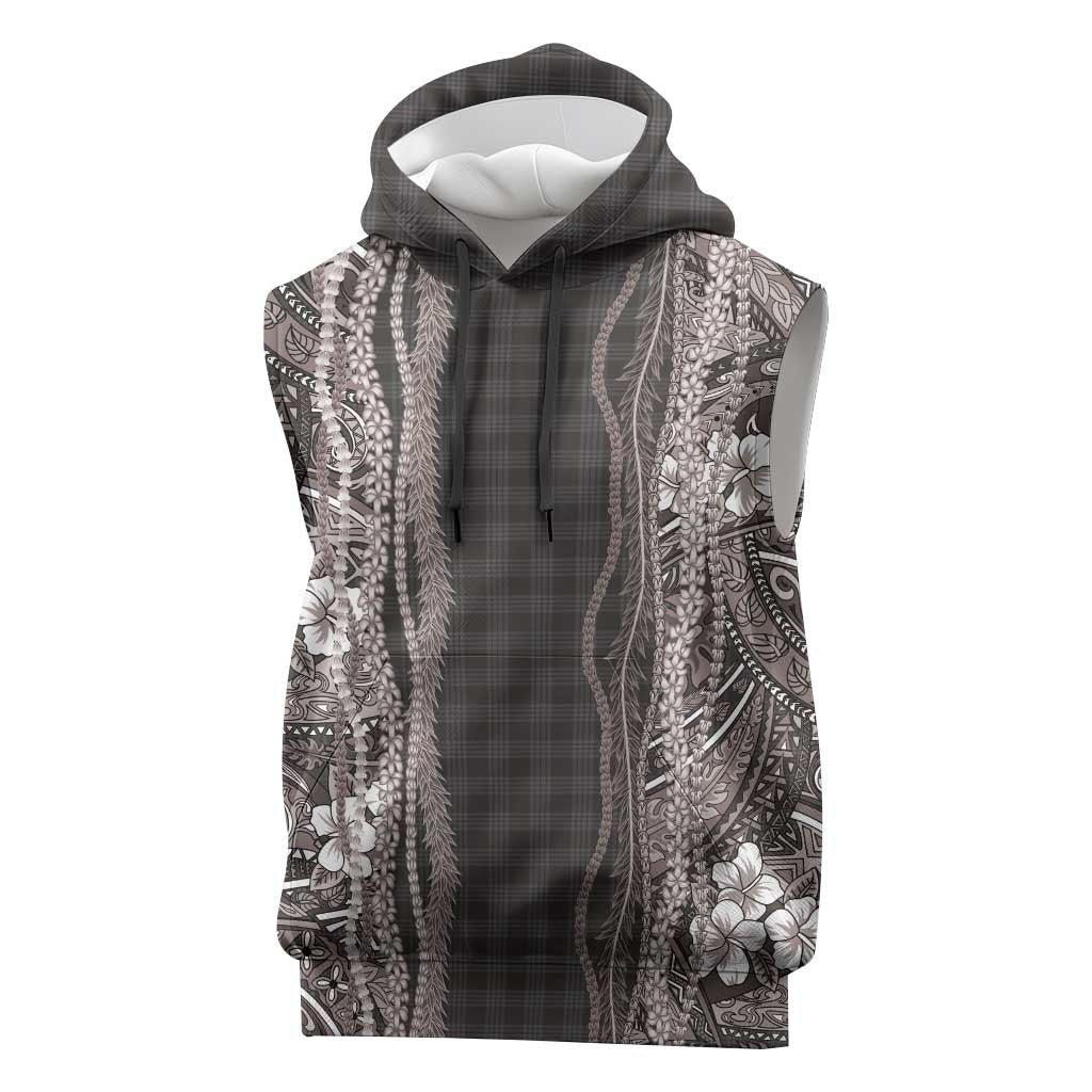 Hawaiian Art Flower Tribal with Lei Sleeveless Hoodie Palaka Pattern Grayscale - Polynesian Pride
