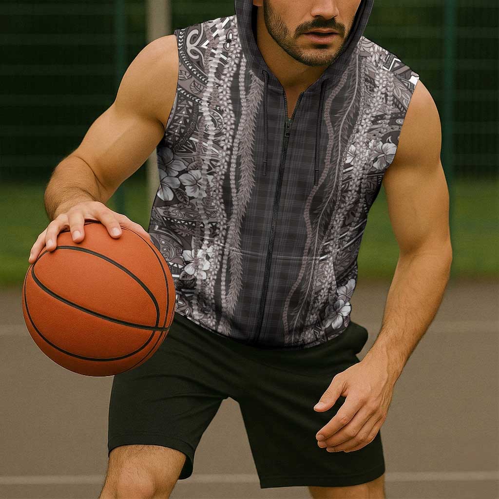 Hawaiian Art Flower Tribal with Lei Sleeveless Zip Hoodie Palaka Pattern Grayscale - Polynesian Pride