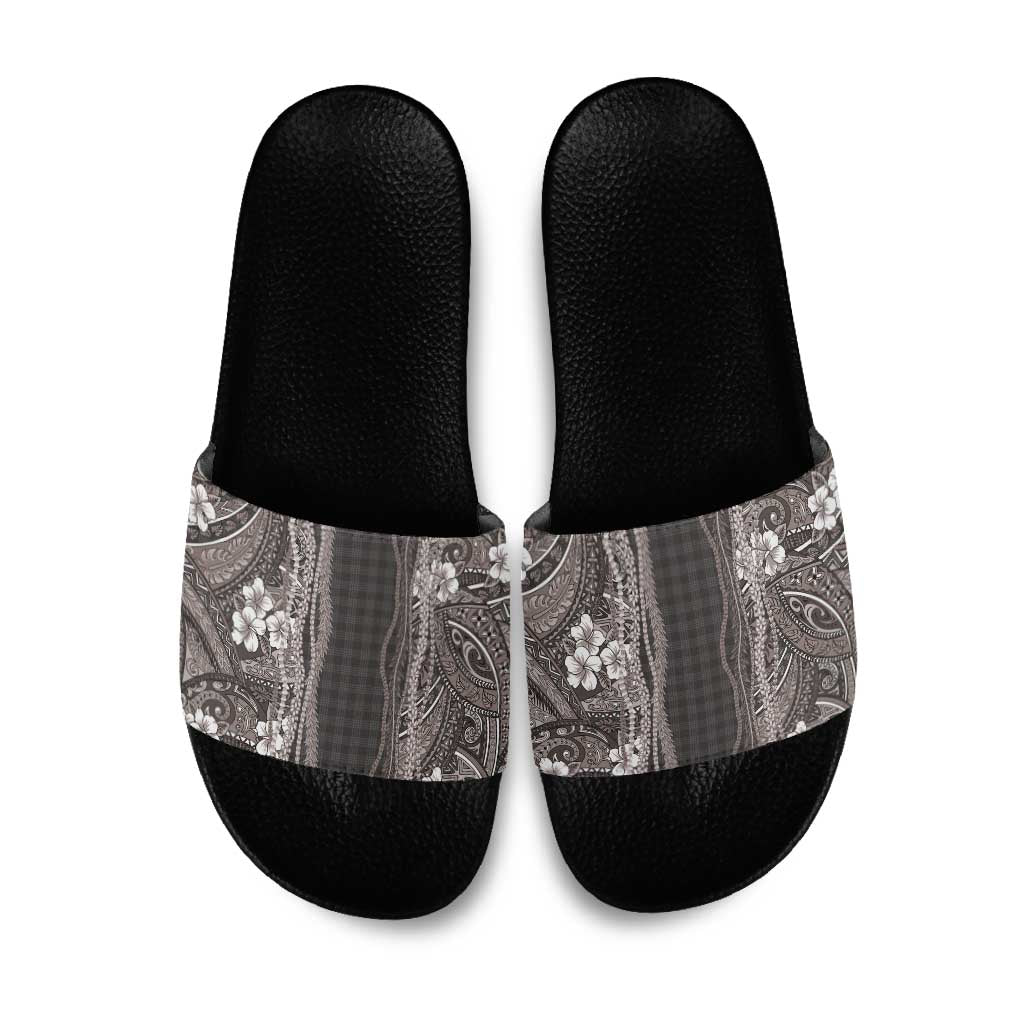 Hawaiian Art Flower Tribal with Lei Slide Sandals Palaka Pattern Grayscale - Polynesian Pride