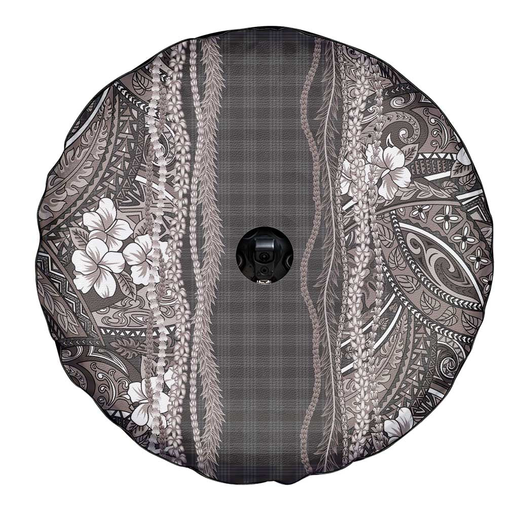 Hawaiian Art Flower Tribal with Lei Spare Tire Cover Palaka Pattern Grayscale - Polynesian Pride