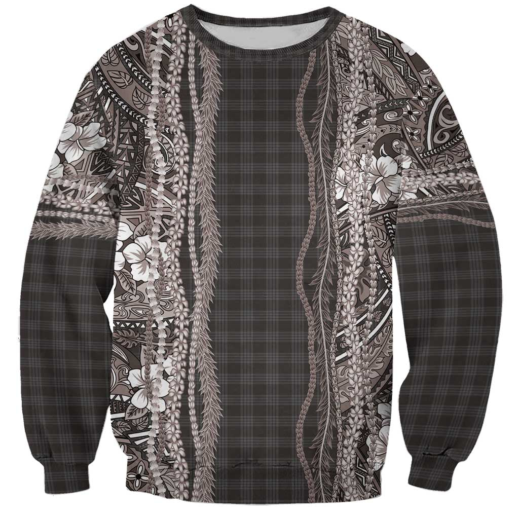 Hawaiian Art Flower Tribal with Lei Sweatshirt Palaka Pattern Grayscale - Polynesian Pride