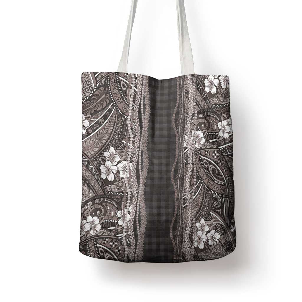 Hawaiian Art Flower Tribal with Lei Tote Bag Palaka Pattern Grayscale - Polynesian Pride