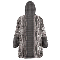 Hawaiian Art Flower Tribal with Lei Wearable Blanket Hoodie Palaka Pattern Grayscale - Polynesian Pride