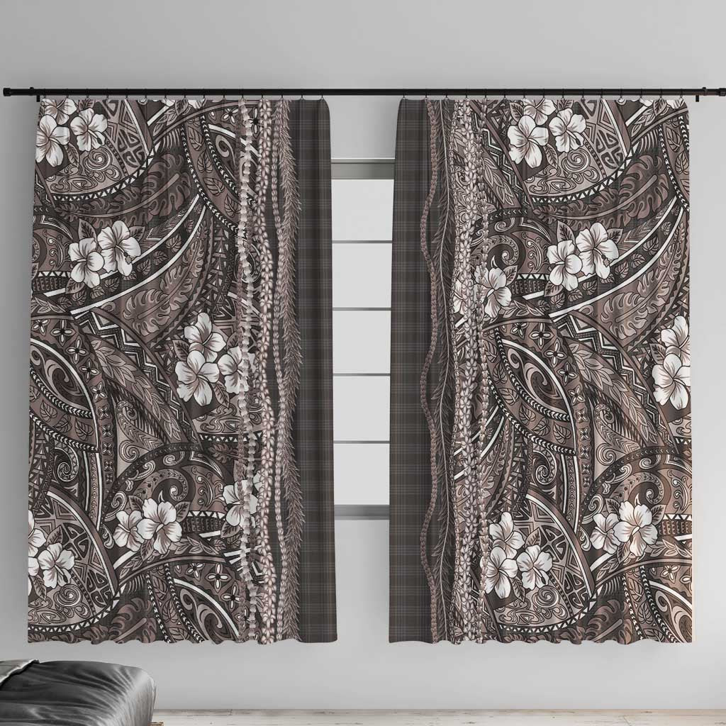 Hawaiian Art Flower Tribal with Lei Window Curtain Palaka Pattern Grayscale - Polynesian Pride