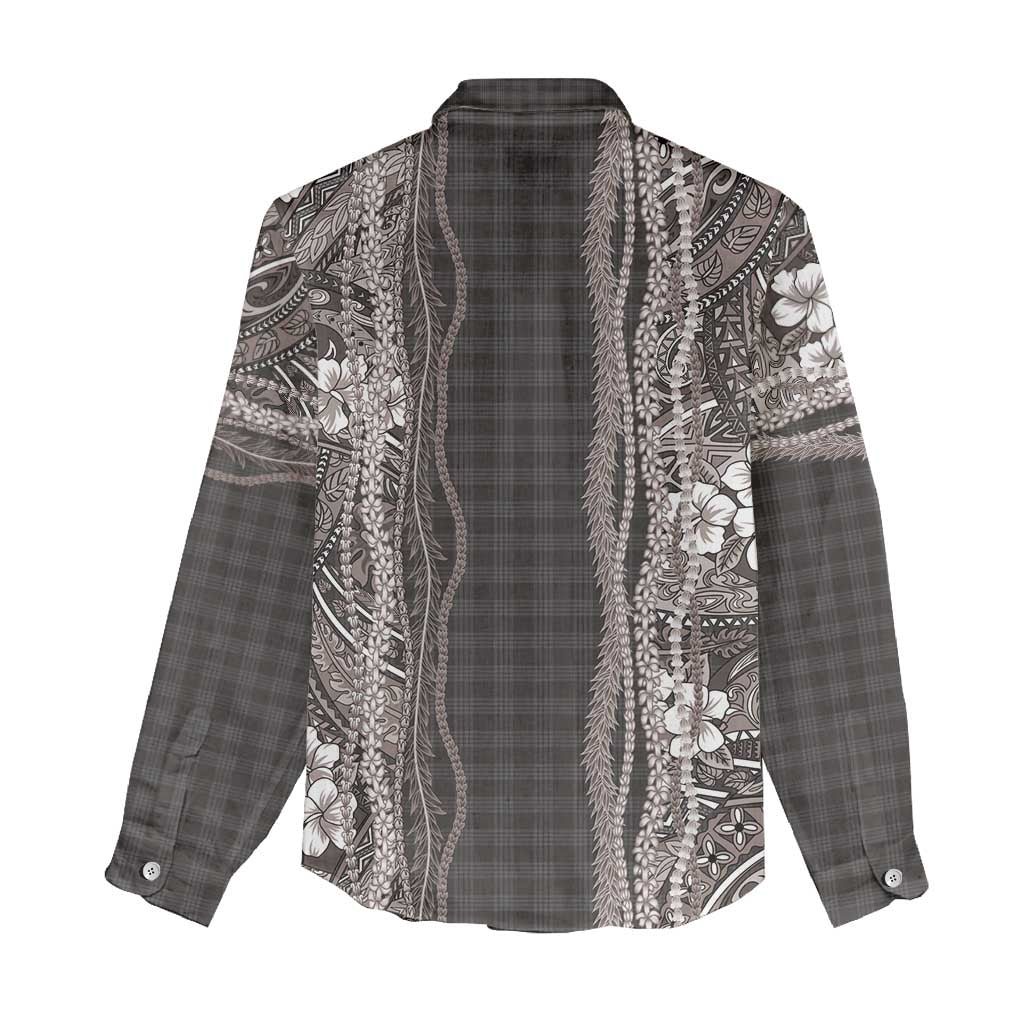 Hawaiian Art Flower Tribal with Lei Women Casual Shirt Palaka Pattern Grayscale - Polynesian Pride