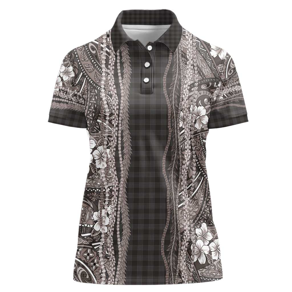 Hawaiian Art Flower Tribal with Lei Women Polo Shirt Palaka Pattern Grayscale - Polynesian Pride