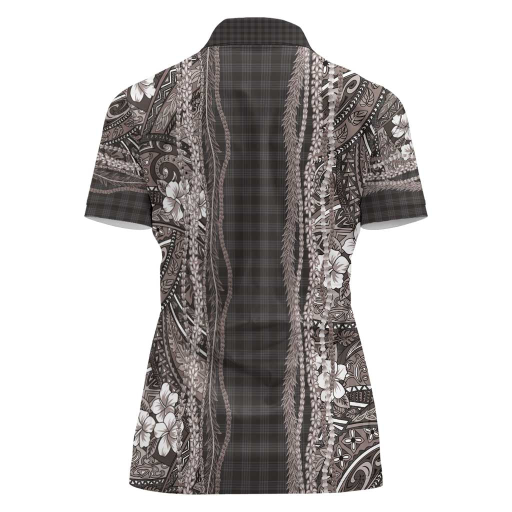 Hawaiian Art Flower Tribal with Lei Women Polo Shirt Palaka Pattern Grayscale - Polynesian Pride