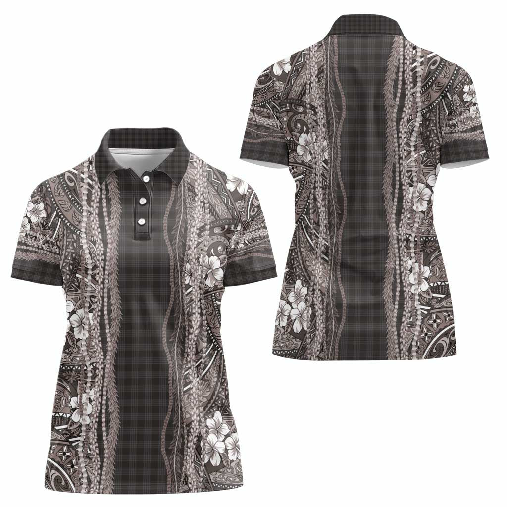 Hawaiian Art Flower Tribal with Lei Women Polo Shirt Palaka Pattern Grayscale - Polynesian Pride