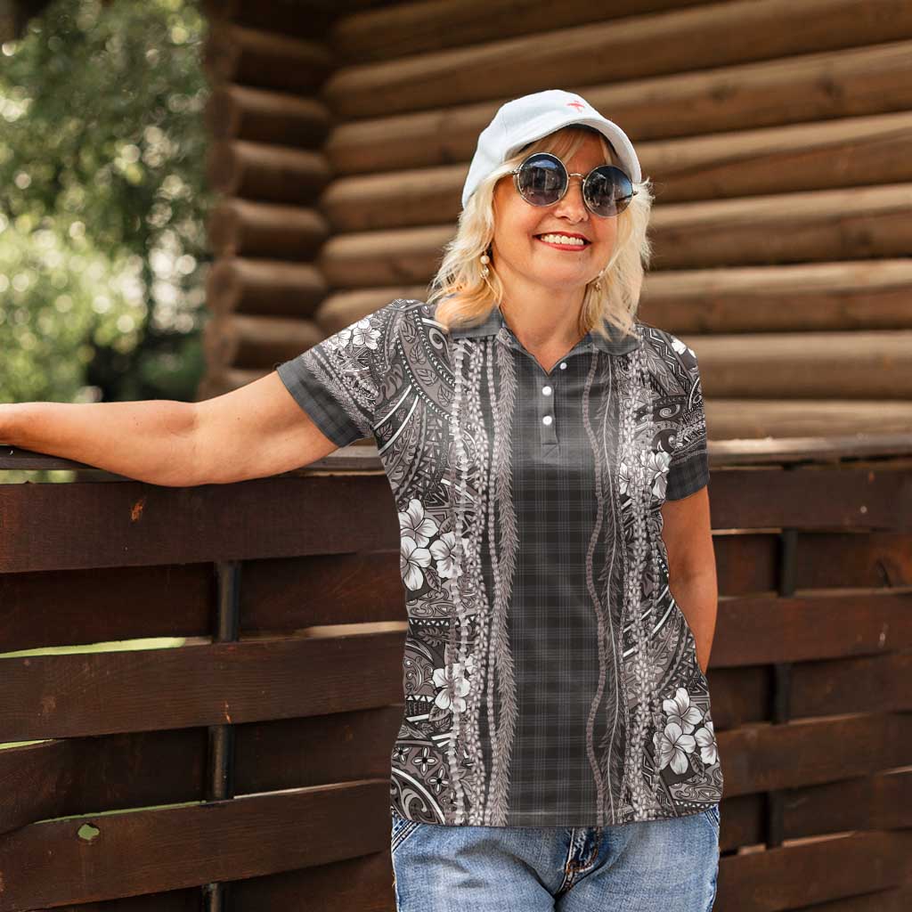 Hawaiian Art Flower Tribal with Lei Women Polo Shirt Palaka Pattern Grayscale - Polynesian Pride