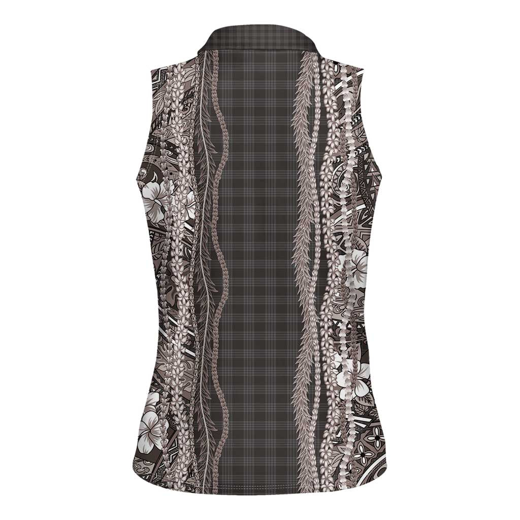 Hawaiian Art Flower Tribal with Lei Women Sleeveless Polo Shirt Palaka Pattern Grayscale - Polynesian Pride