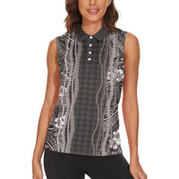 Hawaiian Art Flower Tribal with Lei Women Sleeveless Polo Shirt Palaka Pattern Grayscale - Polynesian Pride
