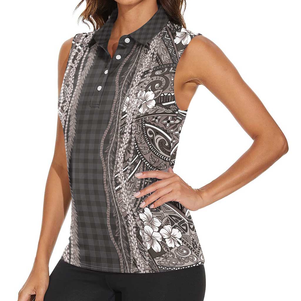 Hawaiian Art Flower Tribal with Lei Women Sleeveless Polo Shirt Palaka Pattern Grayscale - Polynesian Pride
