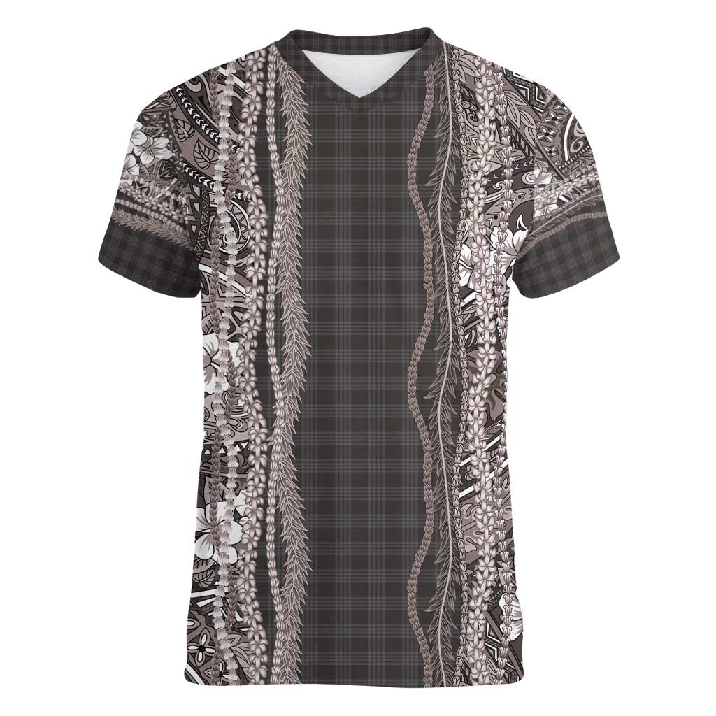 Hawaiian Art Flower Tribal with Lei Women V-Neck T-Shirt Palaka Pattern Grayscale - Polynesian Pride