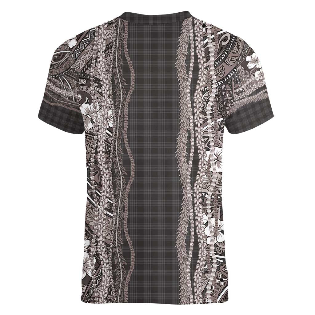 Hawaiian Art Flower Tribal with Lei Women V-Neck T-Shirt Palaka Pattern Grayscale - Polynesian Pride