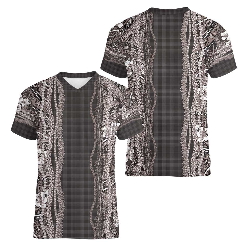 Hawaiian Art Flower Tribal with Lei Women V-Neck T-Shirt Palaka Pattern Grayscale - Polynesian Pride